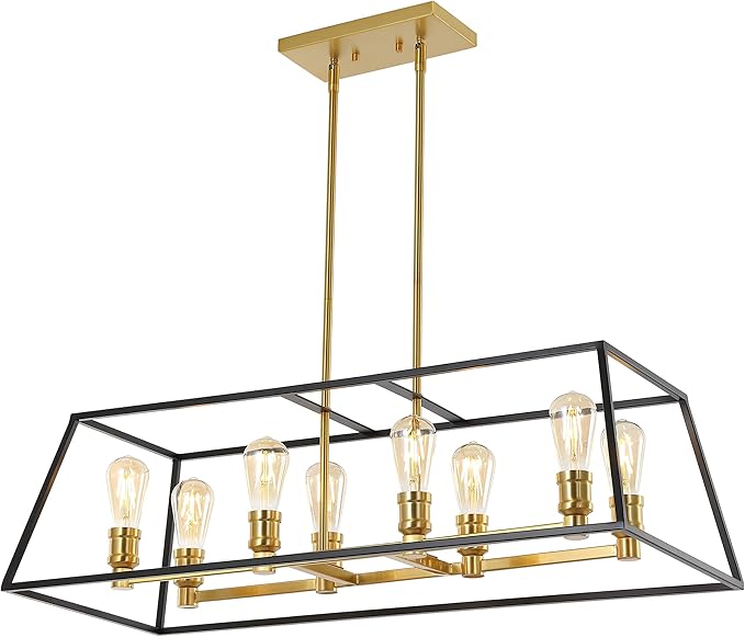 JONATHAN Y 35" Black/Brass Gold Farmhouse Industrial 8-Light Iron LED Pendant Light for Kitchen Island Dining Room, Modern Cage Lantern, Adjustable Height, 4 Bulbs Included (JYL6511A)