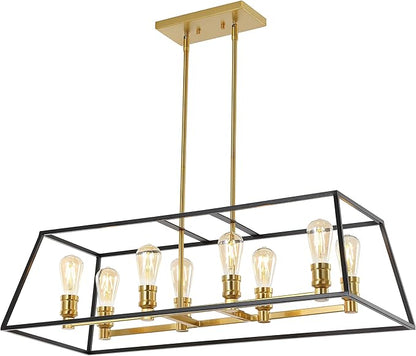JONATHAN Y 35" Black/Brass Gold Farmhouse Industrial 8-Light Iron LED Pendant Light for Kitchen Island Dining Room, Modern Cage Lantern, Adjustable Height, 4 Bulbs Included (JYL6511A)