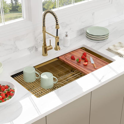36x19 Undermount Gold Kitchen Sink - Beslend Stainless Steel Ledge Workstation Kitchen Sinks Gold Sink 16 Gauge Single Bowl Underount Basin