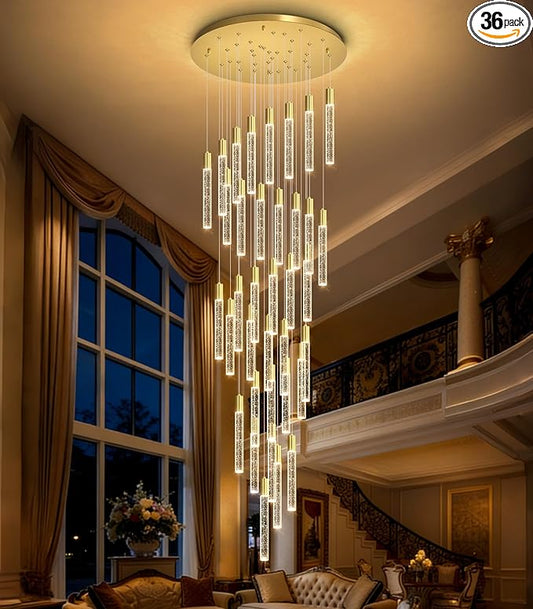 HAIXIANG 16 Foot Chandeliers for Living Room Entryway High Ceiling Light Fixtures Sloped Flush Mount Ceiling Pendant Lighting Dimmable Chandelier with Remote LED Crystal Pendants Lighting Gold Light