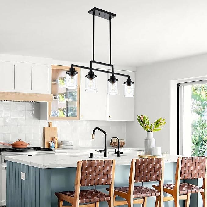 Yaohong Kitchen Island Lighting, 4-Light Farmhouse Dining Room Light Fisture Linear Chandelier Pendant Lighting with Clear Glas Shade, Matte Black Ceiling Pendant Light Fixtures for Dining Table