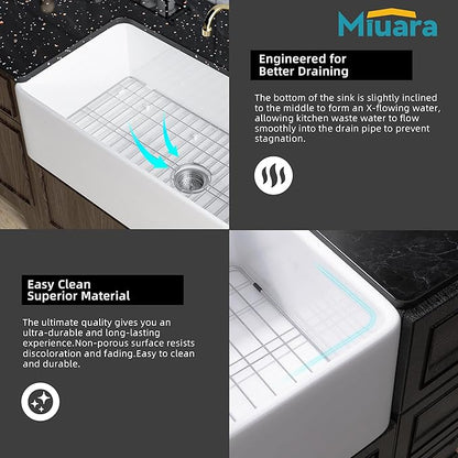 Miuara Farmhouse Sink 36 Inch - Extra Large Apron Front Kitchen Sink Reversible 36"x18"x10", Undermount Installation, Farm House ﻿Style Single Bowl, Solid Fireclay, Glossy White, for Kitchen