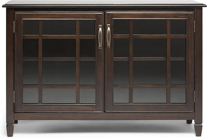 SIMPLIHOME Connaught Storage Cabinet - 46 inch Wide Solid Wood Low Storage Cabinet in Dark Chestnut Brown, Traditional Console for Living Room, Entryway, or Dining Room with Glass Doors and Shelves