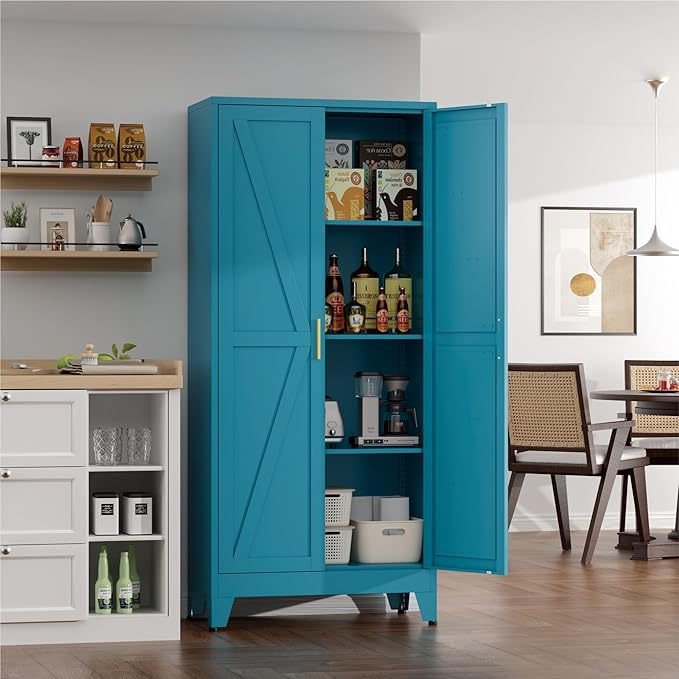 Farmhouse Pantry Cabinet with Barn Doors,61" H x 27.5" W,Metal Cabinet with Adjustable Shelves,4-Tier Storage Cabinet for Kitchen Dining Room Garage,Blue 1 Pack