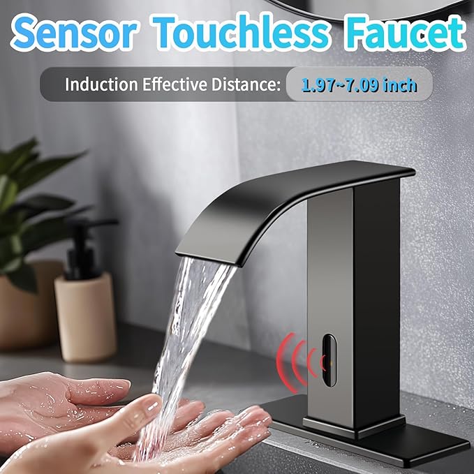 Touchless Sensor Bathroom Sink Faucet for 1 Hole, Waterfall Automatic Hands-Free Matte Black Lavatory Faucets, Easy Installation, Smart Infrared Modern Design for Home Commercial, Battery Powered