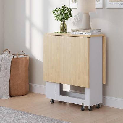 LotFun Folding Dining Table with 2 Storage Racks, Space Saving Dining Table with 6 Wheels, Kitchen Table for Small Spaces
