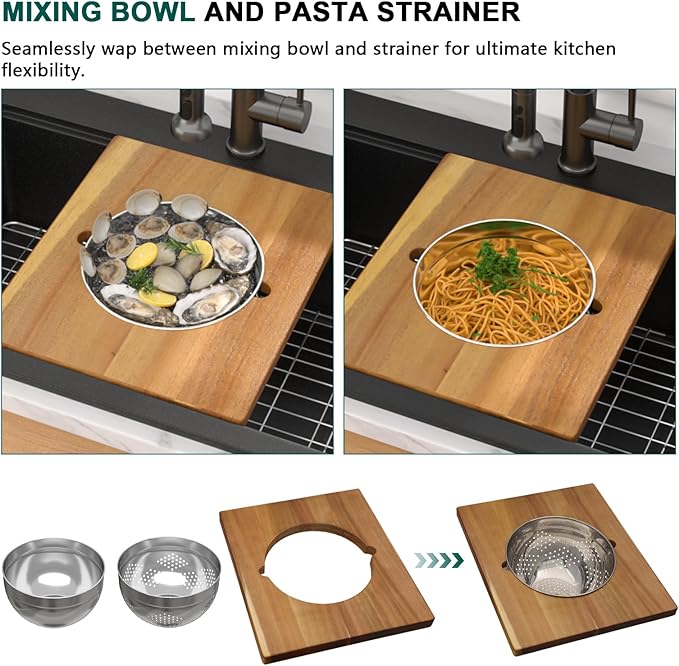 30 Inch Black Granite Composite Drop In Kitchen Sink, Single Bowl Classic Quartz-Based Workstation All-In One Sink with Mixing Bowl and Pasta Strainer, 2-Holes Configuration #TLGT-121