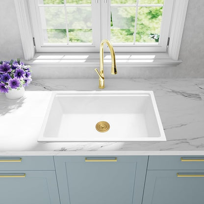 White Undermount Kitchen Sink 32 Inch - Drop In Granite Quartz Composite Workstation Sink - Deep Single Bowl,Dual Mount,with Accessories (White, 32" x 18")