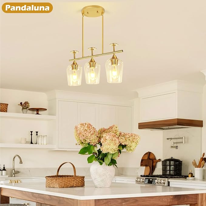 3-Light Pendant Lights Kitchen Island Lighting Fixtures Gold Linear Chandelier Dining Room Light Fixture Ceiling Hanging Modern Kitchen Chandeliers Over Table with Clear Glass Shades
