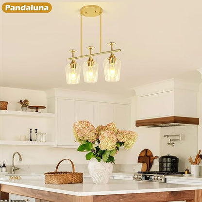 3-Light Pendant Lights Kitchen Island Lighting Fixtures Gold Linear Chandelier Dining Room Light Fixture Ceiling Hanging Modern Kitchen Chandeliers Over Table with Clear Glass Shades