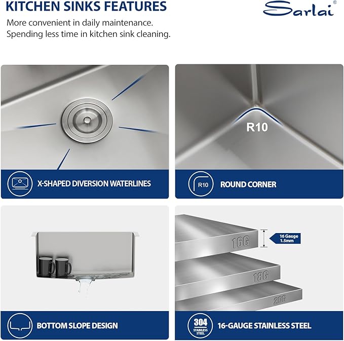 Sarlai 23 Bar Sink Stainless Steel - 23" x 18" Undermount Kitchen Sink Single Bowl 16 Gauge Stainless Steel RV Camper Wet Bar Prep Sink Basin