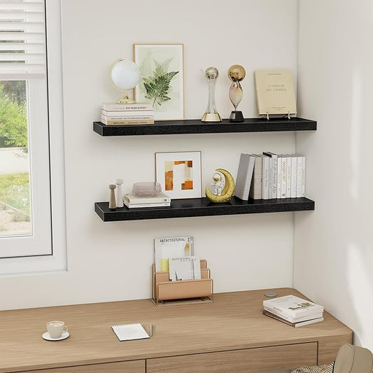 Fun Memories Black Floating Shelves 36 Inch Long, Rustic Farmhouse Bathroom Shelves Over Toliet, 36 x 8 Inch Floating Shelves for Wall, Deep Wall Shelf for Living Room, Kitchen, Bedroom, Set of 2
