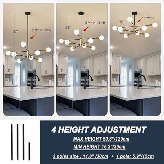 RUIYEY Modern Sputnik Chandeliers Black and Gold Mid Century Chandelier 8-Light Dining Room Light Fixture Height Adjustable Ceiling Lights Farmhouse Chandeliers for Kitchen Island Living Room