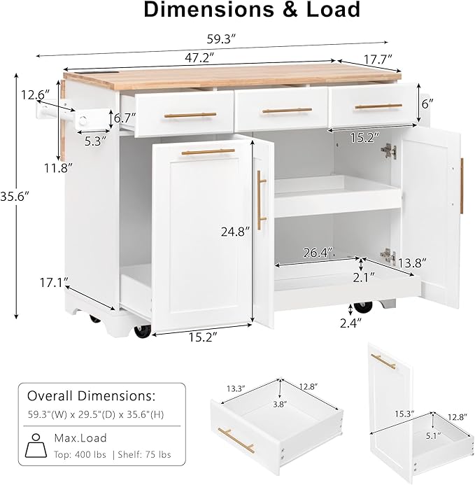 Merax 59.3" White Kitchen Island with Storage, 2 Pull Out Cabinet Organizers & Rubber Wood Drop Leaf, Rolling Island Table with Trash Can Storage, Power Outlet, Spice & Towel Rack for Kitchen Dining