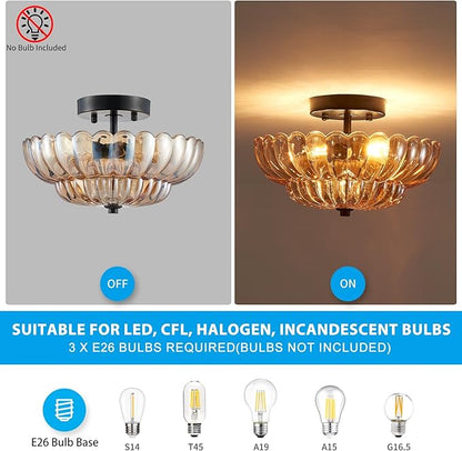 XINGQI Modern Black Semi Flush Mount Ceiling 3-Light 11.8“ Amber Glass Close to Ceiling Light Fixtures for Bedroom Living Room Entryway Hallway