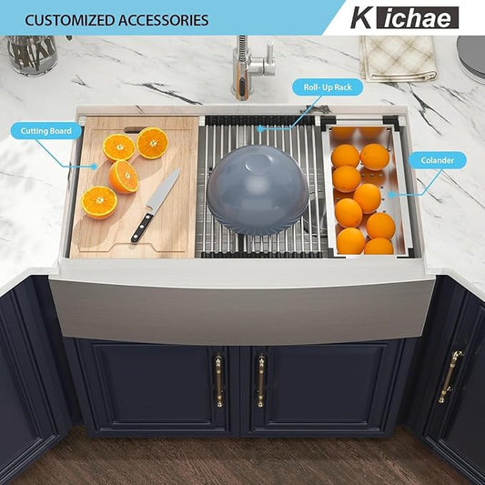 Kichae 33 Farmhouse Sink Double Bowl - 33 Inch Kitchen Sink Apron Front Stainless Steel Handmade Low Divided 50/50 Double Bowl Workstation Sink Basin