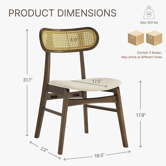 KISLOT Wooden Dining Chairs Set of 4, Upholstered Modern Dining Room Chairs, Mid Century Oak Wood Kitchen Chairs with Rattan Backrest for Farmhouse, Kitchen, Restaurant (Cream Fabric & Walnut Color)