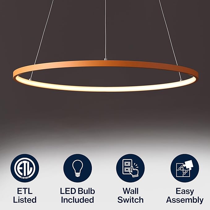 JONATHAN Y 23.75" Orange Modern Integrated LED Pendant Light, Dimmable Round Hoop Chandelier for Kitchen Island, Dining Room, Adjustable Height Metal Hanging Light (JYL7203G)