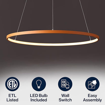 JONATHAN Y 23.75" Orange Modern Integrated LED Pendant Light, Dimmable Round Hoop Chandelier for Kitchen Island, Dining Room, Adjustable Height Metal Hanging Light (JYL7203G)