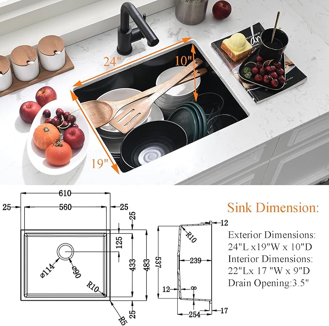 24 Inch Undermount Black Kitchen Sink-Bokaiya 24x19 Inch Undermount Wet Bar Sink Quartz Matte Black Small Outdoor Rv Kitchen Sink Granite Composite Single Bowl Kitchen Sink