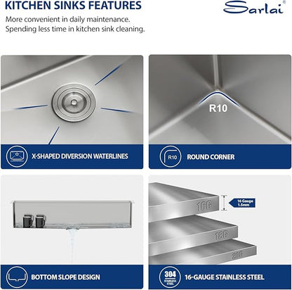 Sarlai 39 Kitchen Sink Undermount - 39 x 19 Inch Undermount Sink Ledge Workstation Deep Single Bowl 16 Gauge Stainless Steel Under Counter Kitchen Sinks Basin
