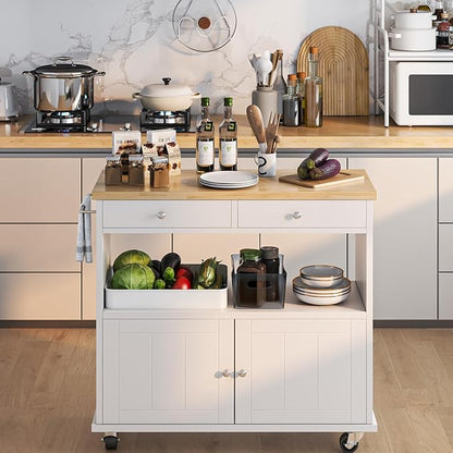 knoworld Rolling Kitchen Island with Storage Cabinet, 35.4'' Width Kitchen Cart, 2 Drawers Island Table, Portable Mobile Kitchen Island with Towel Rack, Wood Top and Lockable Wheels, White