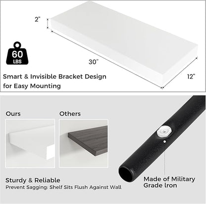 Venusmiles Floating Shelves for Wall, 30" W x 12" D x 2" H, 2 Pack of Long Wall Mounted Engineered Wood Shelves with Invisible Brackets for Living Room, Bedroom, Bathroom, Kitchen Decor, White