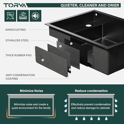 TORVA RV Kitchen Sink, 16 x 21 x 7 Inch Undermount Bar Sink 16 Gauge Stainless Steel Single Bowl Sink with Foldable Faucet Cutting Board, Dark Grey