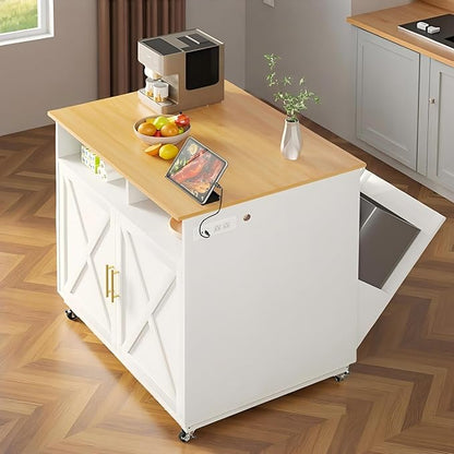 YITAHOME Double Tilt Out Trash Cabinet with Power Outlet, Hidden Trash Cabinet Fit 20-Gallon Bin, Pet-Proof Rolling Garbage Can Storage, Garbage and Recycling Island for Kitchen Dining Room, White