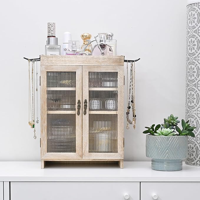 Ikee Design Wooden Countertop Storage Cabinet with Wavy Magnetic Door, Adjustable Shelves, Removable Hooks. Perfect for Perfume, Figurines, and Coffee Cups, Vintage White, 10.4 W x 6.1 D x 14.4 H in