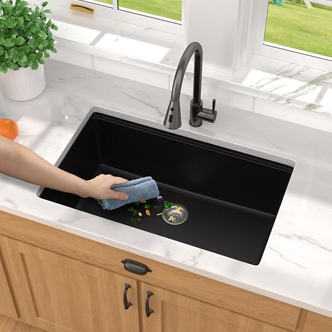 28 Inch Granite Composite Kitchen Sink - Matte Black Undermount Granite Kitchen Sink, Workstation All-In One Classic Quartz Single Bowl Sinks Basin, 28"x19" #TLGU-103