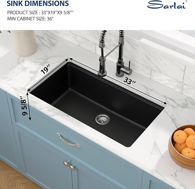 Sarlai 33 Granite Composite Kitchen Sink - 33 x 19 inch Black Undermount Granite Sink Ledge Workstation Matte Black Granite Composite Quartz Single Bowl Under Counter Sinks Basin