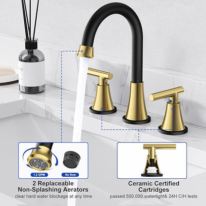 Bathroom Faucets for Sink 3 Hole, Hurran Black& Gold Bathroom Sink Faucet with Pop-up Drain and Supply Lines, Stainless Steel Lead-Free Widespread Faucet for Vanity RV, 2 Pack