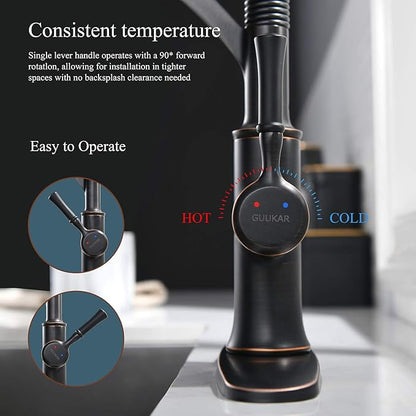Bronze Kitchen Faucet with Pull Down Sprayer, Oil Rubbed Bronze Single Handle High Arc Commercial Farmhouse Kitchen Sink Faucet with Deck Plate