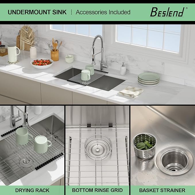 30 Inch Undermount Kitchen Sink - Beslend 30x18x10 Inch Undermount Stainless Steel Kitchen Sink 16 Gauge Single Bowl Round Corner Under Counter Basin