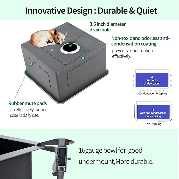 Undermount Kitchen Sink, 18 x 18 x 10 Inch Single Bowl Undermount Small Bar Sink 16 Gauge T-304 Stainless Steel Gunmetal Black Kitchen Sinks
