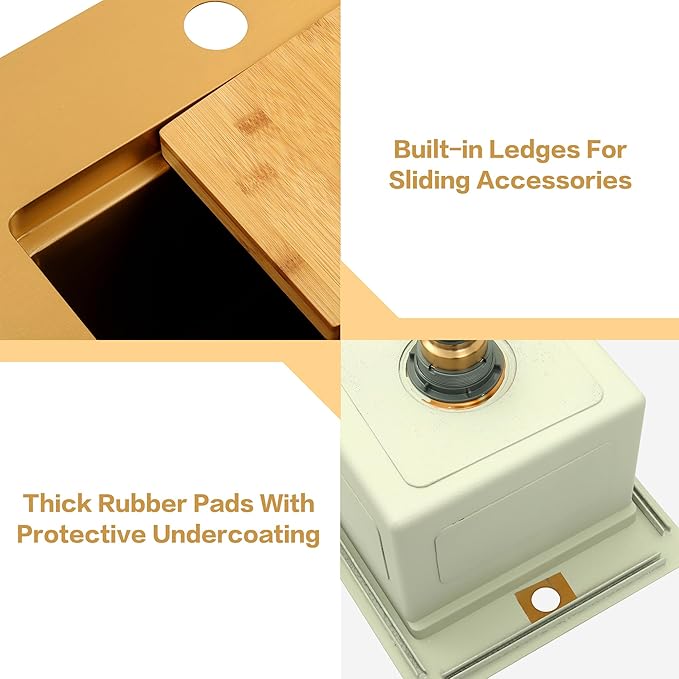 LQS Brushed Gold Finish Kitchen Sink, Small Gold Drop In Bar Sink 16” x 18” with Cutting Board, 16 Gauge Stainless Steel Golden Kitchen Sink, 10” Depth For Daily Use, Outdoor and Prep Use
