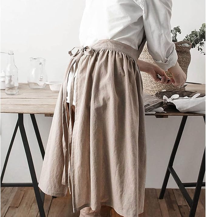 Cityelf Cotton Linen Half Apron for Women Vintage Waist Apron Ruffle Plain Bright Color for Cooking Painting Artwork