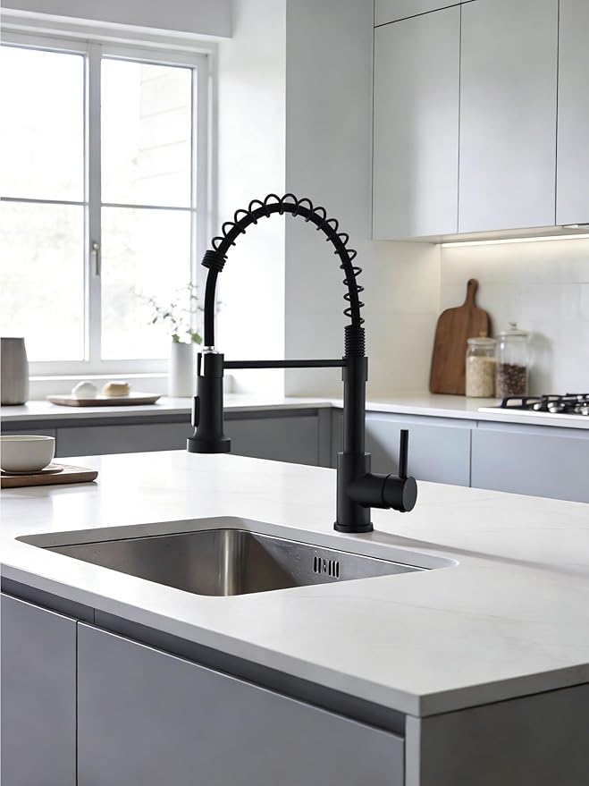 LUFEIDRA Black Kitchen Faucet with Pull Down Sprayer, High Arc Spring 304 Stainless Steel Single Handle 1 or 3 Hole 2 Mode Kitchen Faucets for Farmhouse RV Camper Laundry Wet Bar