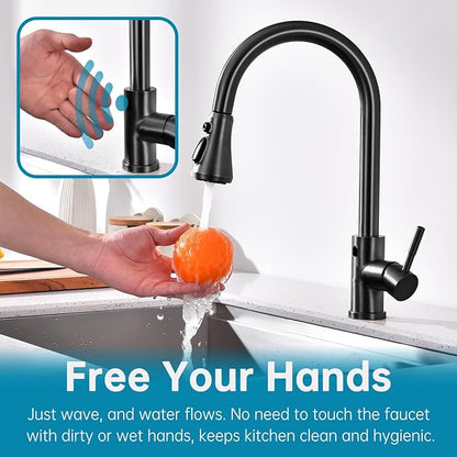 TUTEW Touchless Kitchen Faucet with Pull Down Sprayer, Matte Black Motion Sensor Kitchen Sink Faucet Single Hole, Spot Resist Stainless Steel Single Handle Commercial Modern Faucet