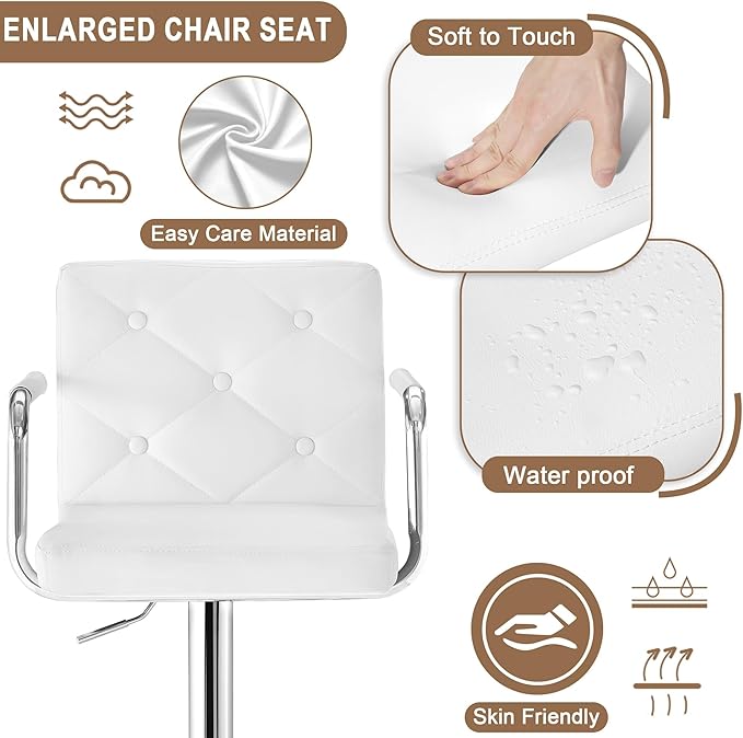 VECELO Bar Stools, Adjustable Bar Stools Set of 4, Counter Height Barstool with Back and Arms, Swivel PU Leather Bar Chairs for Kitchen/Island, White