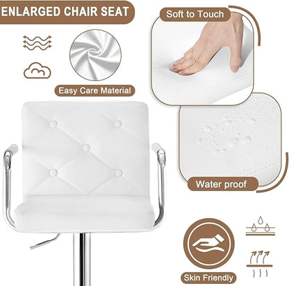 VECELO Bar Stools, Adjustable Bar Stools Set of 4, Counter Height Barstool with Back and Arms, Swivel PU Leather Bar Chairs for Kitchen/Island, White