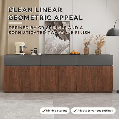94.5"Buffet Cabinet with Drawer & Door, Console Table, Set of 3 Modular Stackable Sideboard Coffee Bar Cabinet with Adjustable Shelves, Matte Gray Walnut Storage Accent Credenza for Living Room