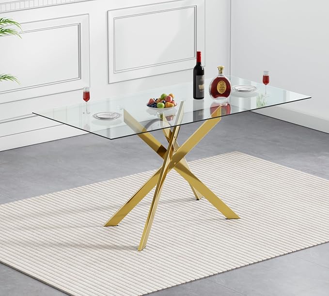 SSLine 51.2" Rectangle Glass Dining Table for 4 Modern Glass Tabletop Kitchen Table for 4 Luxury Dining Room Tables with Gold Nest-Shape Metal Base for Home Kitchen Dining Room