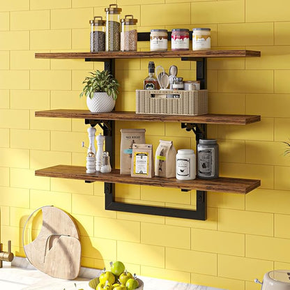 Bestier Floating Shelves for Wall, 32 inch Kitchen Shelves Wall Mounted, 3 Tier Coffee Bar Shelf with Foldable Brackets, Industrial Display Shelf for Bathroom, Living Room, Rustic Brown
