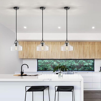 WUZUPS Chandelier Rustic Farmhouse Industrial Round Ceiling Pendant LED Light Fixture with Clear Glass Shades for Dining Room Kitchen Island Foyer Entryway, H 9.4" x W 10.6", E26 Base, Black
