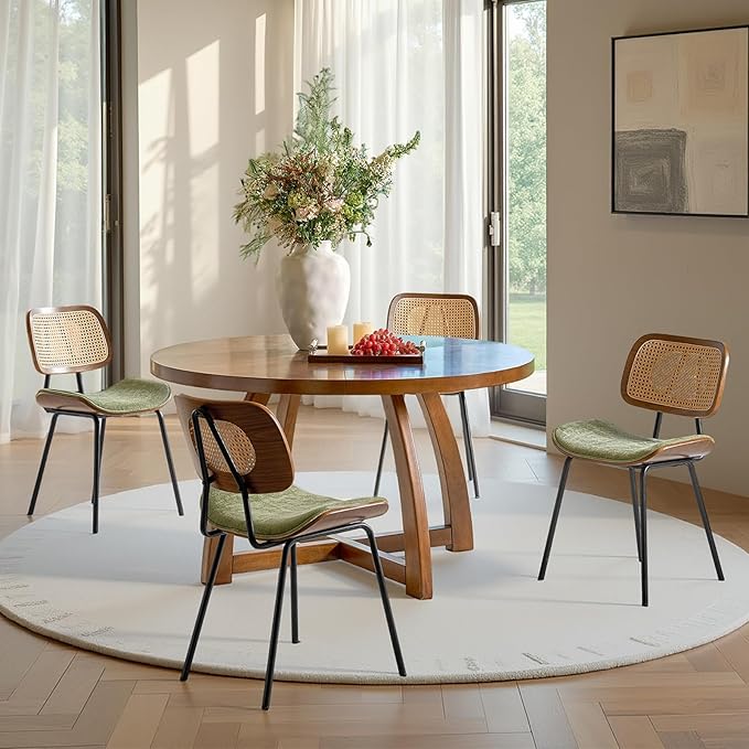 HULALA HOME Rattan Dining Chairs Set of 4, Green Farmhouse Upholstered Kitchen Chairs Set with Square Cane Backrest, Metal Legs for Dining Living Room Resurant Cafe - Moss