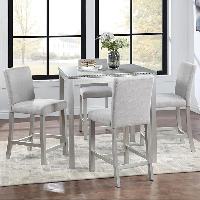 5 Piece Counter Height Dining Table Set for 4, Elegant Wooden Kitchen Table and 4 Upholstered Chairs with Crystal Decoration, Square Dining Table Set for Kitchen and Dining Room, Silver Grey