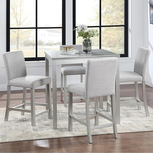 5 Piece Counter Height Dining Table Set for 4, Elegant Wooden Kitchen Table and 4 Upholstered Chairs with Crystal Decoration, Square Dining Table Set for Kitchen and Dining Room, Silver Grey