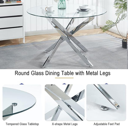47.2'' Round Glass Dining Table for 4, Round Dining Room Table with X-Shape Metal Legs, Clear Circular Top Glass Silver Kitchen Table for 4, Perfect for Apartment Small Space